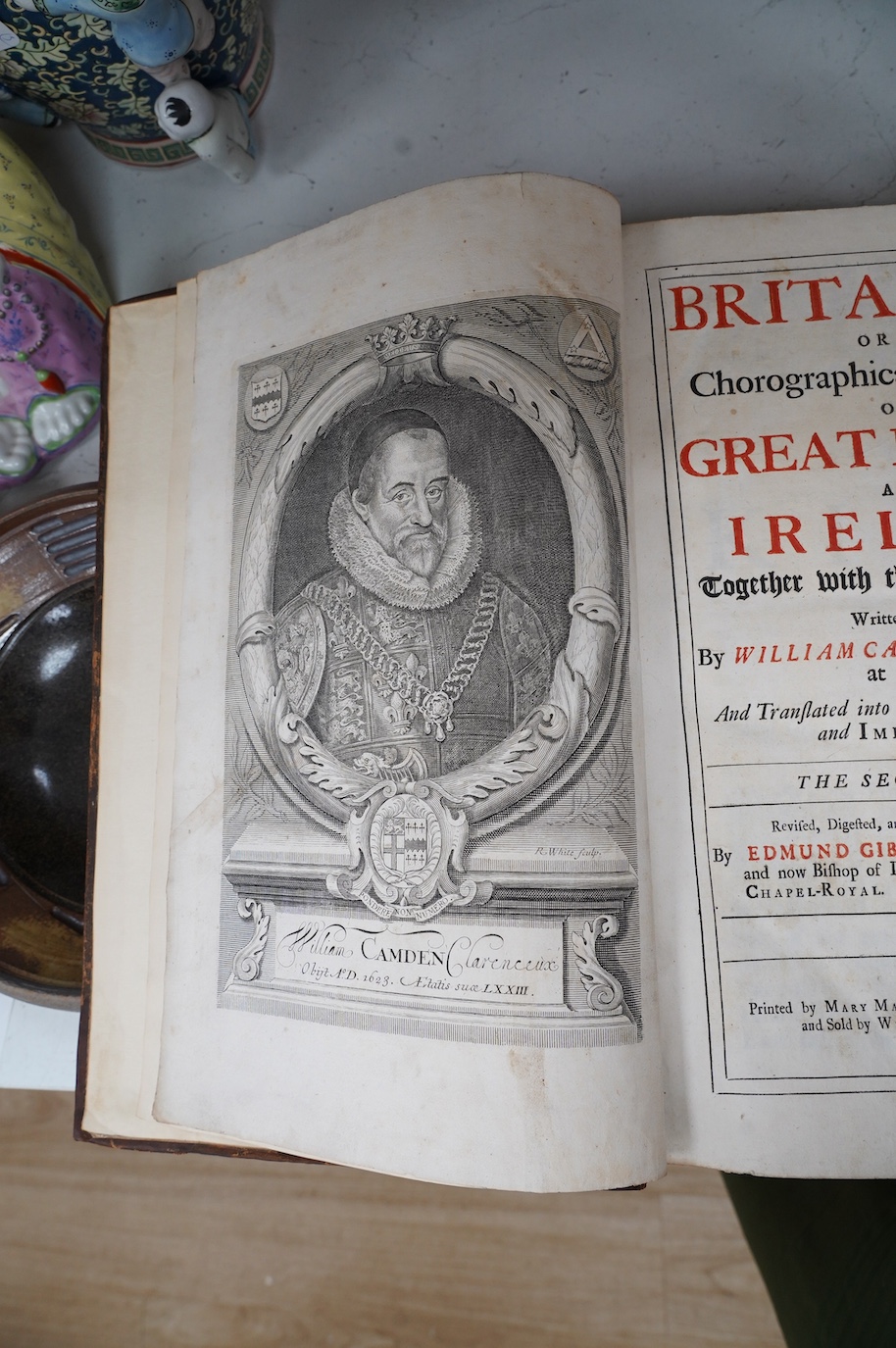 Camden, William-Britannia: or a Chorographical Description of Great Britain and Ireland... 2nd edition, revised ... with large additions, by Edmund Gibson. 2 vols. portrait frontis., some engraved plates (without the map